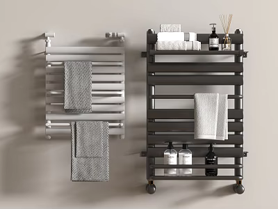 Bathroom Towel Radiators in Silver and Black with Hanging Towels and Toiletries 3d model