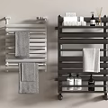 Bathroom Towel Radiators in Silver and Black with Hanging Towels and Toiletries