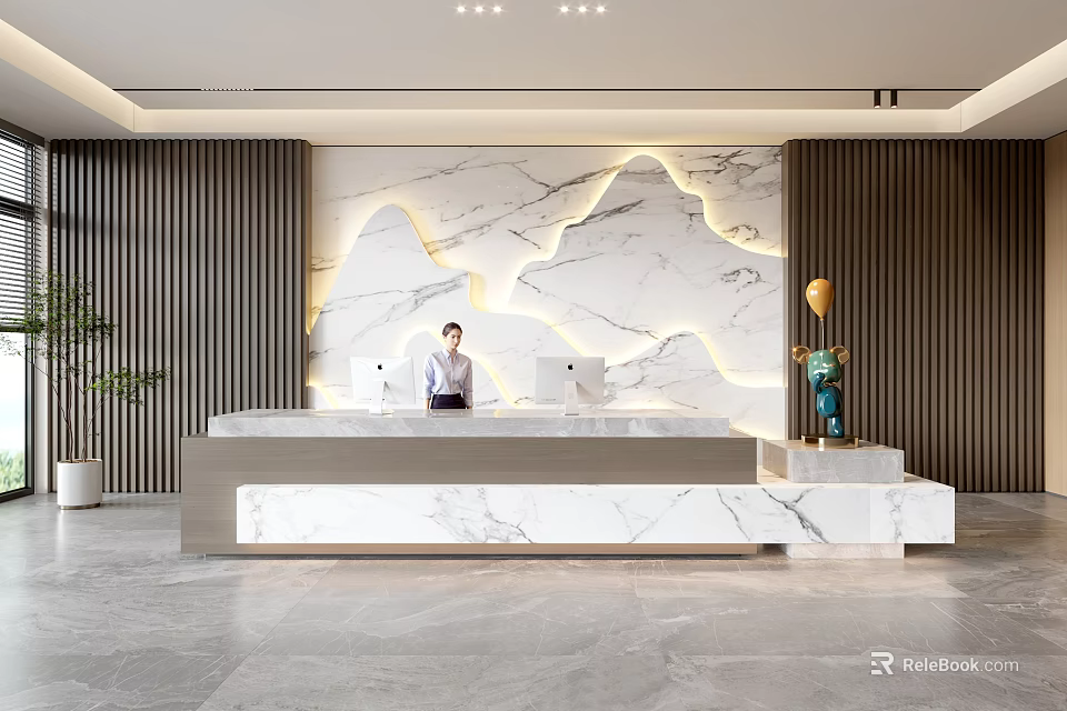 Modern Front Desk Reception Design With Marble Counter And Illuminated Backdrop Wall 3d model 