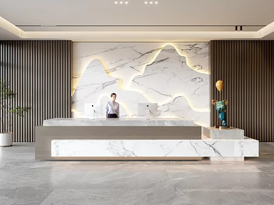 Modern Front Desk Reception Design With Marble Counter And Illuminated Backdrop Wall 3d model