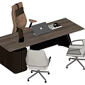 Modern Wooden Office Desk With Laptop Coffee Mug Phone And Brown White Office Chairs
