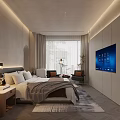 Modern Bedroom Interior Design With Large Bed Light Gray Walls Area Rug And Floor Lamp