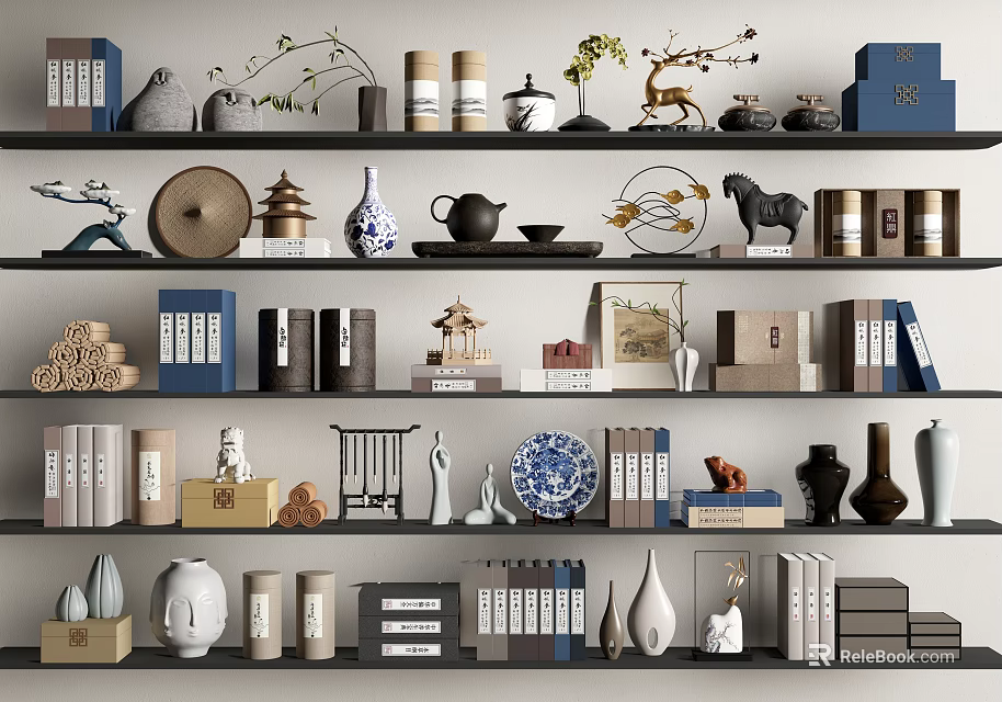 Decorative Ornament Combinations with Books Vases Deer Figurines Ceramic Items on Shelves 3d model 