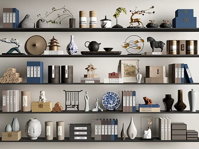 Decorative Ornament Combinations with Books Vases Deer Figurines Ceramic Items on Shelves 3d model