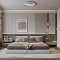 Modern Bedroom Interior Design With Comfortable Bed Decorative Painting Bookshelves And Wardrobe