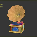 Vintage Gramophone With Brass Horn Wooden Base Vinyl Record And Decorative Details