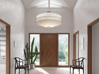 Modern Entryway Interior With Wooden Door White Pendant Light Black Chairs And Cactus Plant 3d model