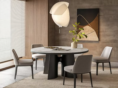 Round Dining Table Set With Gray Chairs White Pendant Light And Abstract Painting 3d model