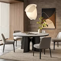 Round Dining Table Set With Gray Chairs White Pendant Light And Abstract Painting