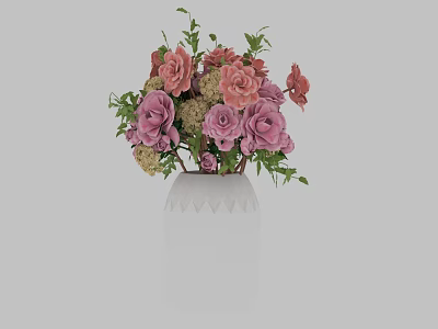 Elegant White Vase With Pink Red Roses Green Leaves And Decorative Blooms 3d model