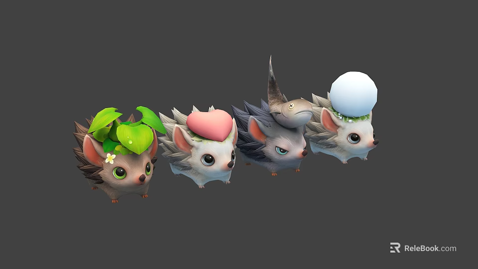 Cute Cartoon Hedgehogs With Green Leaves Pink Headpieces Gray Fur And White Top Balls 3d model 