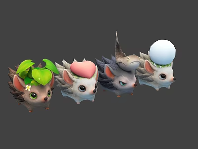 Cute Cartoon Hedgehogs With Green Leaves Pink Headpieces Gray Fur And White Top Balls 3d model