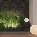 Cozy Courtyard Garden With White Bench Wooden Flooring Green Plants Stone Wall And Starry Ceiling