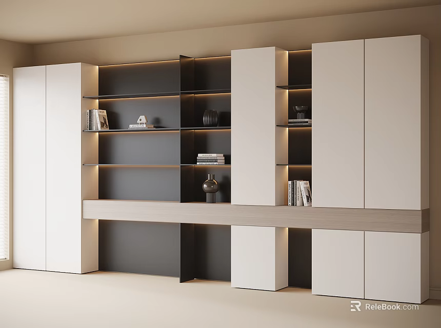 Modern Bookcase Design With White And Dark Wood Layered Shelves And Storage Cabinets 3d model 