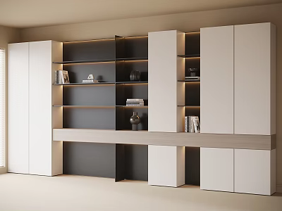 Modern Bookcase Design With White And Dark Wood Layered Shelves And Storage Cabinets 3d model