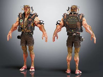 Rugged Muscular Character With Biological Skin Textures Mechanical Vest Emblem Backpack And Sandals 3d model