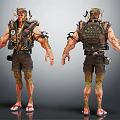 Rugged Muscular Character With Biological Skin Textures Mechanical Vest Emblem Backpack And Sandals