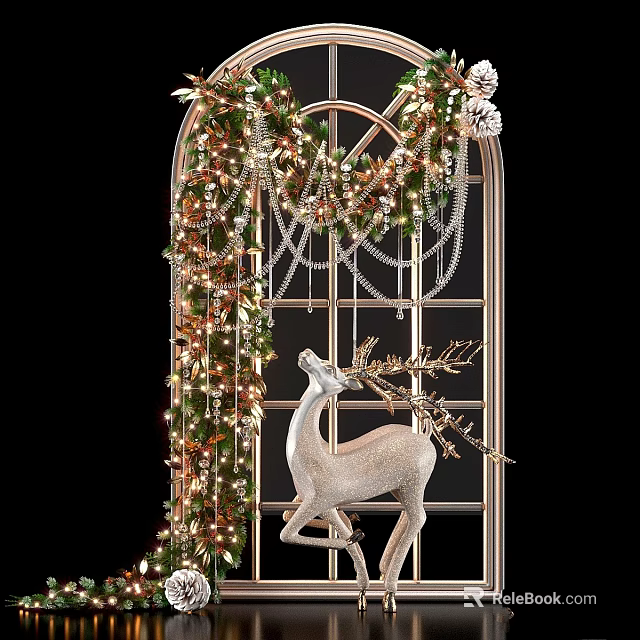 Elegant Decorative Ornament Set with Golden Arch Wreath String Lights Chains and Silver Deer 3d model