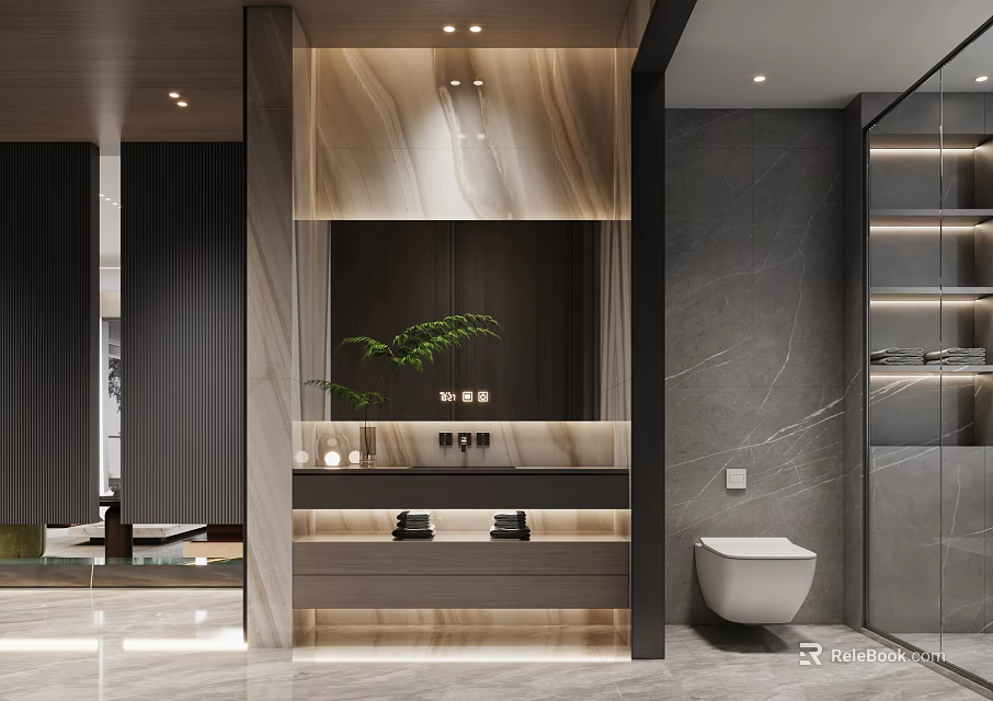 Modern Bathroom Interior Design With Marble Vanity Mirror And Green Plant 3d model 
