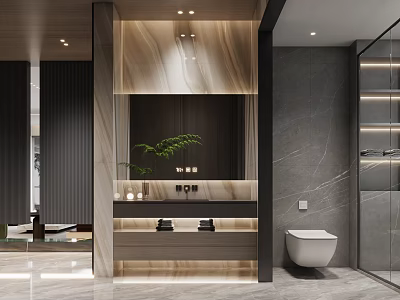 Modern Bathroom Interior Design With Marble Vanity Mirror And Green Plant 3d model