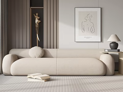 Modern Beige Two Seater Sofa With Side Table Lamp Wall Art In Living Room 3d model