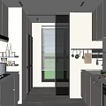Modern Kitchen Interior With White Cabinets Gray Flooring Glass Sliding Door And Countertop