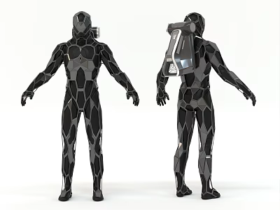 Game and Movie Character in Black Geometric Bodysuit Front and Back View with Mechanical Backpack 3d model