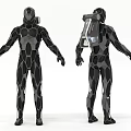 Game and Movie Character in Black Geometric Bodysuit Front and Back View with Mechanical Backpack