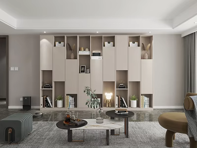 Modern Living Room Bookcase Design With Open Shelves And Decorative Plants 3d model