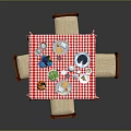 Dining Table Set with Red and White Checkered Tablecloth and Wooden Chairs