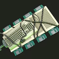 Vintage Green White Computer Keyboard With Headphones Floppy Disks Cables