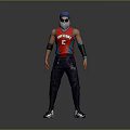 Character Wearing Red Saturday 6 Vest Blue Cap White Mask Black Pants Green Sneakers