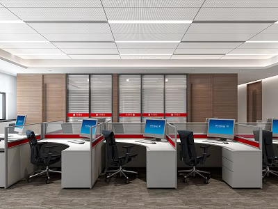 Modern Public Office Space With Multiple Workstations Computer Monitors Ergonomic Chairs And Ceiling Lights 3d model