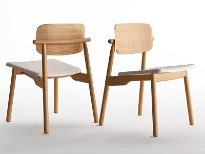 Two Modern Wooden Dining Chairs with Armrests and Light Fabric Seats 3d model