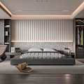 Modern Bedroom Interior Featuring Vertical Panel Wall Grey Bed Built In Wardrobe And Area Rug