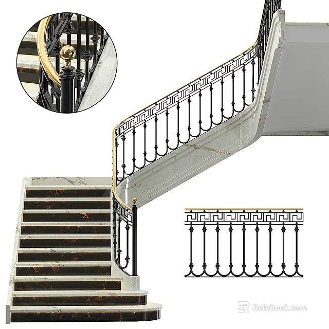 Marble Staircase With Greek Key Pattern Wrought Iron Railing And Golden Handrail Design 3d model 
