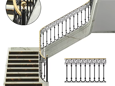 Marble Staircase With Greek Key Pattern Wrought Iron Railing And Golden Handrail Design 3d model