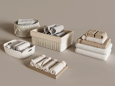 Woven and Fabric Storage Baskets Holding Rolled Towels in Neutral Tones for Home Organization 3d model