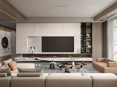 Modern Living Room Interior Design With Light Sofa Wooden TV Wall And Coffee Table 3d model