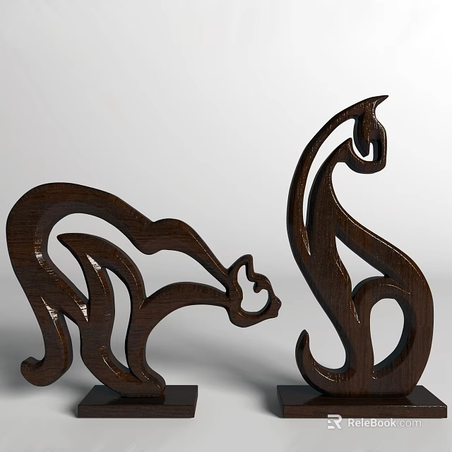 Wooden Decorative Ornament Set With Abstract Animal Cat Sculptures For Home Decoration 3d model 