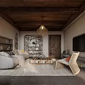 Rustic Living And Dining Room Interior With Wooden Ceiling Chandelier Sofa Coffee Table Arched Windows