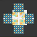 Opened Shiny Yellow Gift Box With Colorful Polka Dots Gray Ribbon And Blue Wrapping Paper