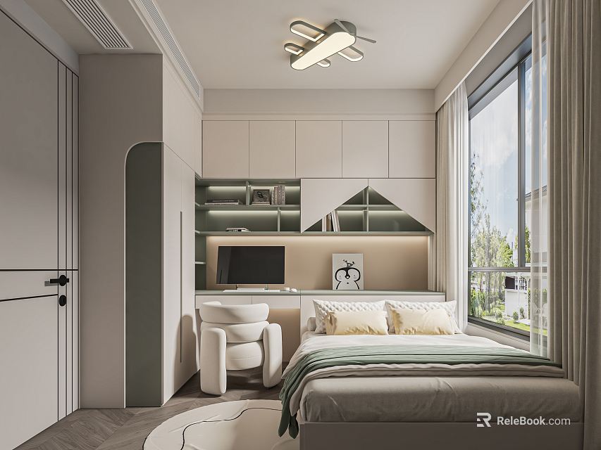 Modern Tatami Bedroom Interior With Built in Storage Tatami Bed And Window View 3d model 