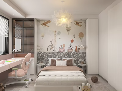 Playful Kids Bedroom Interior With Hot Air Balloon Mural Bed Pink Chair And Chandelier 3d model