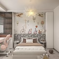 Playful Kids Bedroom Interior With Hot Air Balloon Mural Bed Pink Chair And Chandelier
