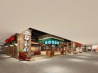 Traditional Restaurant Exterior With Brick Wall Green Awning Red Decorations And Entrance Design 3d model