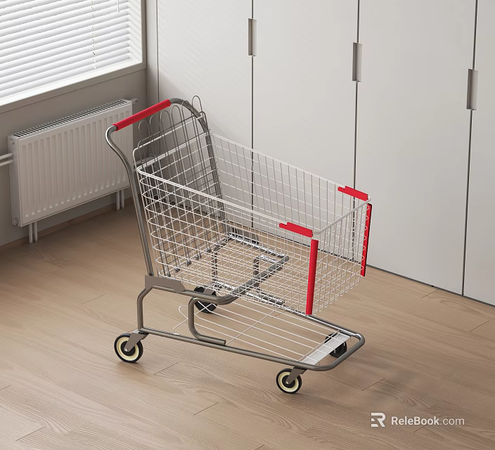 Public Facility Shopping Cart With Silver Metal Frame Red Handles Side Rails And Wheels 3d model 