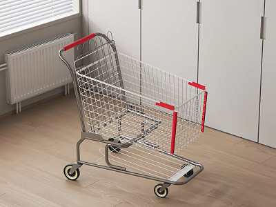 Public Facility Shopping Cart With Silver Metal Frame Red Handles Side Rails And Wheels 3d model