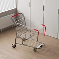 Public Facility Shopping Cart With Silver Metal Frame Red Handles Side Rails And Wheels