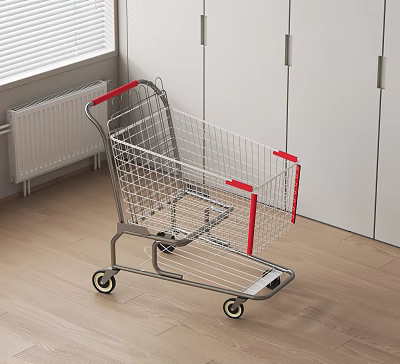 Public Facility Shopping Cart With Silver Metal Frame Red Handles Side Rails And Wheels 3d model
